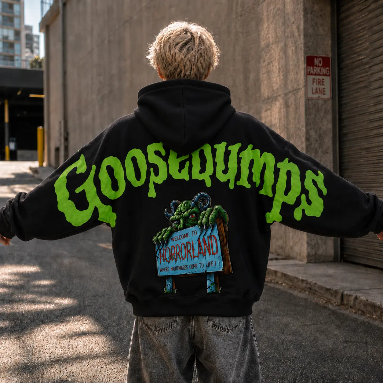 Goosebumps Horrorland Shoulder-to-Shoulder Back Lettering Sweatshirt Hoodie, Oversized Unisex Halloween Pullover Sweatshirt, Retro Monster Back Print Gothic Streetwear