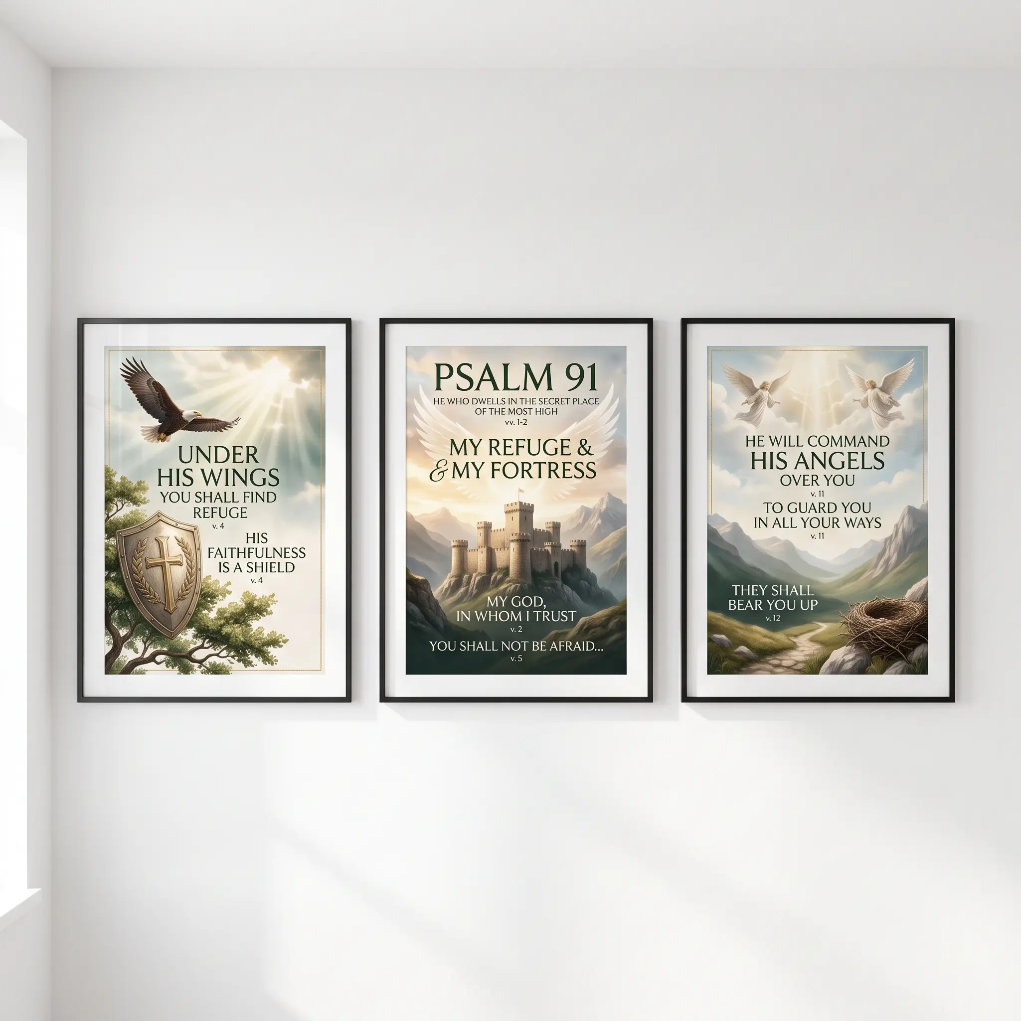 Poster Set of 3 [Unframed] Psalm 91 | Christian Landscape | Gift for Christians