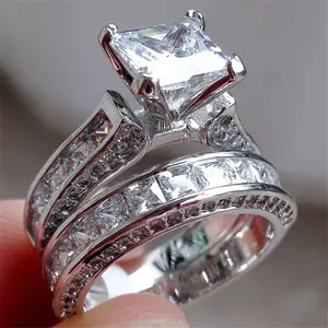 Women Engagement Ring Set Cubic Zirconia Bridal Wedding Band Square Cut Simulated Diamond Ring