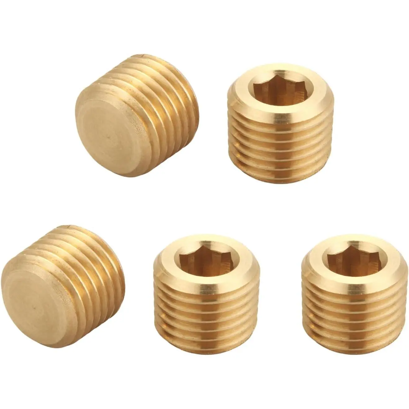 Brass Pipe Plug, 1/2" NPT Male, Countersunk Internal Hex Thread, 5 Pieces, Five Pieces