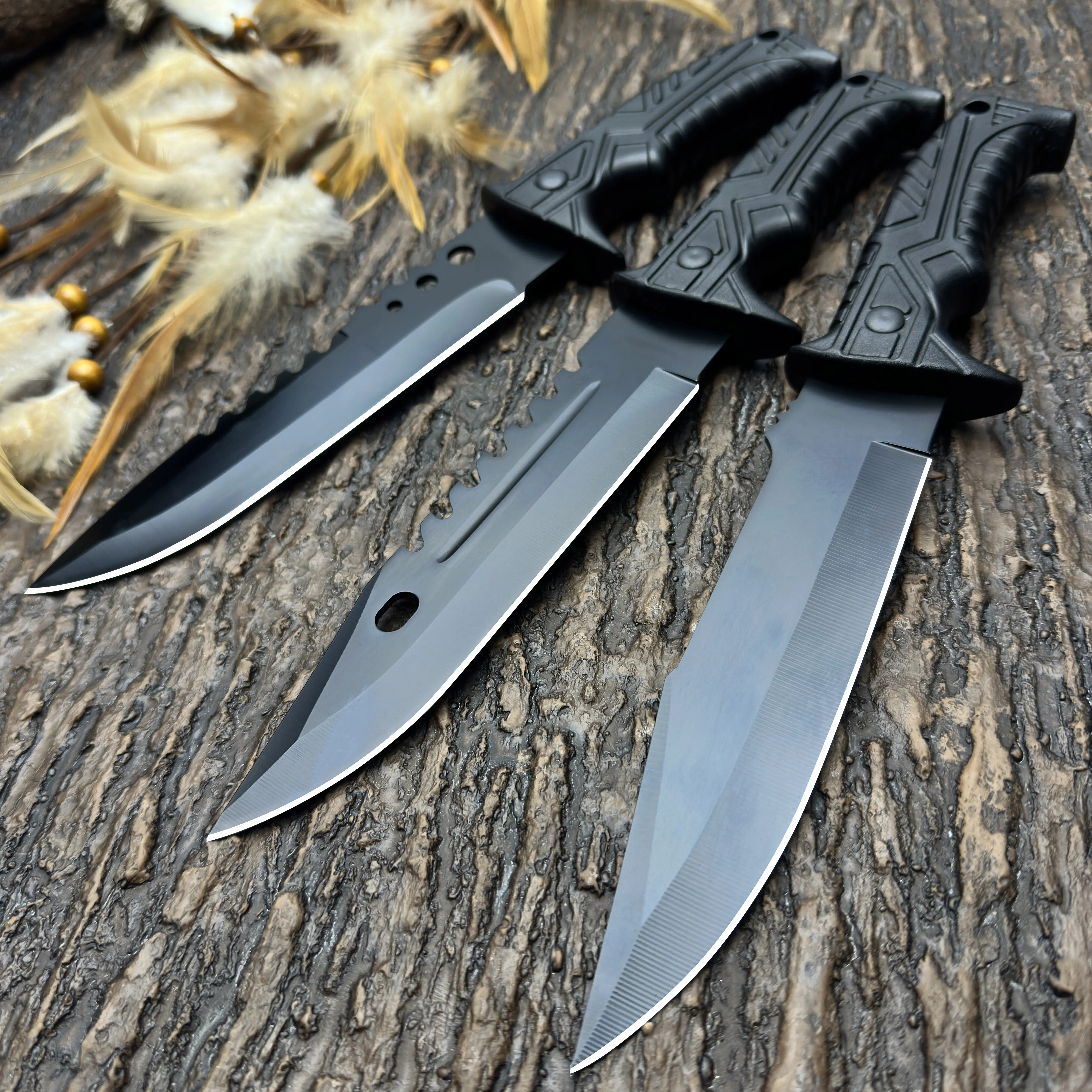 Multi-Style Kitchen Meat Prep Utility Knife - Black Coated Stainless Steel Fixed Blade with Textured Ergonomic Non-Slip Handle for Household Food Cutting, Knives