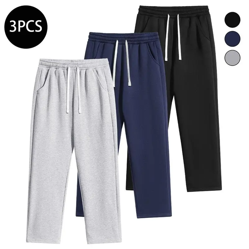 Men's 3-pc Outfit Set Regular Fit Solid Color Drawstring Waistband Sports Style Pants - Autumn Winter Warm Casual Everyday Wear, Long Sweatpants with Pockets, Athletic Bottoms, Drawstring Men's Pants, Sports Style Men's Pants