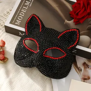 Double Color Cat Face Mask DIY Handmade Rhinestone High-End Party Mask Carnival Holiday Bar Makeup Ball Mask for Men and Women
