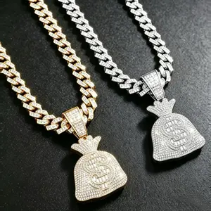 2026 New Iced Out Dollar Bag Pendant Cuban Chain, Zinc Alloy Rhinestone Hip Hop Necklace for Men Women