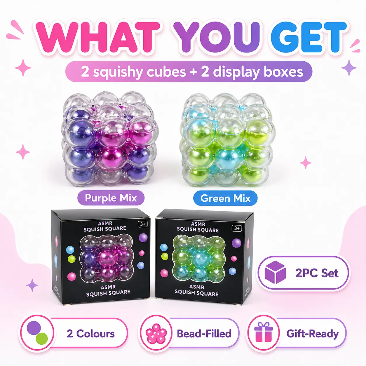 2PC ASMR Bead-Filled Squish Cube Set, Colourful Bubble Sensory Fidget Toy, Crisp Squeeze Sound, Transparent Glossy Shell with Shifting Beads, Stress Relief Desk Toy Gift for Kids & Adults, Purple Mix & Green Mix with Display Boxes