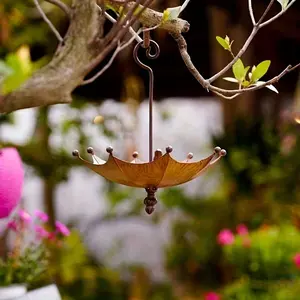 Outdoor Umbrella-Shaped Iron Bird Feeder Tray, Bird Bath & Hanging Hummingbird Feeder, Iron Tray & Water Bowl, Garden Decor, Spring & Summer