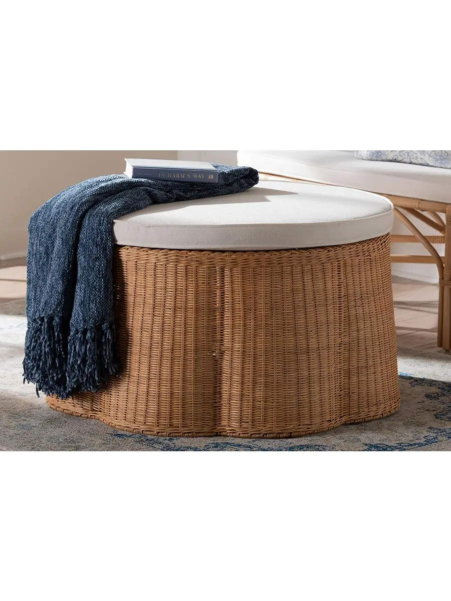 Bali & Pari 193271452255 32 in. Round Palm Scallop Coastal Boho Style Natural Rattan Ottoman with Cushion - Light Honey