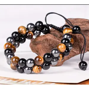 Triple Protection Bracelet, Genuine Tigers Eye Black Obsidian and Hematite 8mm Beads Bracelet for Men Women, Crystal Jewelry Stone Bracelets Father's Day Gifts for Men Bring Luck Prosperity Protection Against Negative Enery