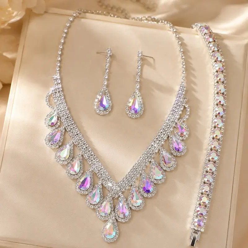 Aurora Luxe Crystal Necklace, Earrings & Bracelet Set | Luxury Iridescent Crystal Jewelry | Bridal, Prom & Formal Statement Set