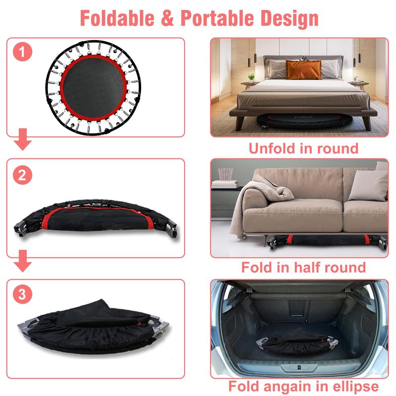 RAVS 40" Mini Trampoline Foldable for Adults 450LBS Fitness with Bungees Adjustable Bar Sturdy Steel Frame 5-Level Height-Adjustable Handrail Easy Assembly Indoor Outdoor