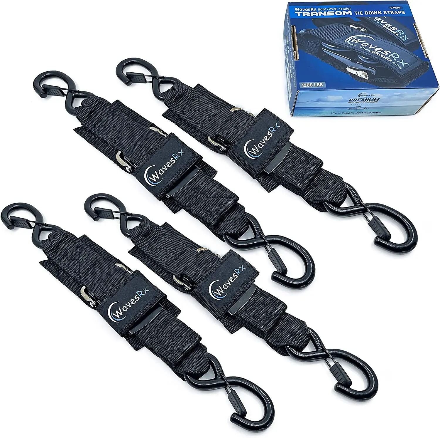 WavesRx Premium Boat & Jet Ski Trailer Transom Tie Down Straps - Adjustable Marine Boat Trailer Strap via Quick Release Buckle - Boats Transom Straps & Watercraft Accessories for Safe Transport