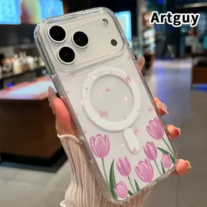 Magnetic Soft Case for iPhone 17 16  Pro Max Plus 15 14 13 12 11 Air E Tulip Bow Dream Pattern Anti-Yellowing Shockproof ultra-thin Silicone Crystal Transparent Acrylic Large Hole Cover Supports Wireless Charging