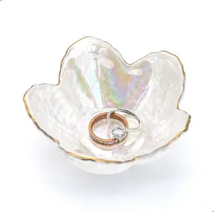 Flower Shape Ring Dish Jewelry Tray Organizer, Glass Accent Tray for Vanity, Small Decorative Trinket Dish, Pearl White