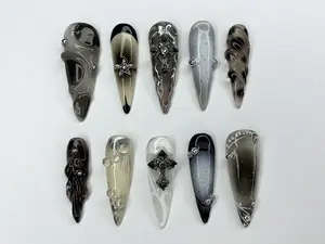 Cool Gothic Press On Nails | Luxury Black Silver Jeweled Nail charms | Luxurious Chrome and Holiday Nail Art |Long Stiletto Nail Set Satamiis