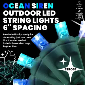 Ocean Siren Motion Effect with Blue Teal Cool White Strobe Waterproof Christmas Lights, 5mm LED Commercial Indoor/Outdoor Mini Lights Set with 50 LEDs Spaced at Six Inches Apart