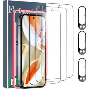 Protective Screen & Camera Lens Accessories for Google Pixel 9 Pro - 3-Pack Full Coverage Cellphone Tempered Glass Screen Protectors (Phone Case Friendly), 3-Pack Auto-Dusting Adhesive Camera Lens Protectors for Mobile Devices