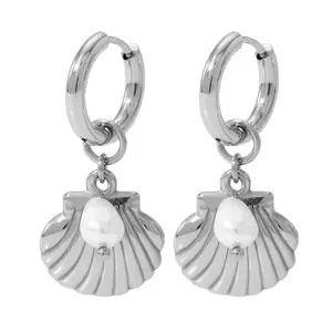 Shell with Faux Pearl Dangling Huggie Hoop Earrings - Pair - Stainless Steel