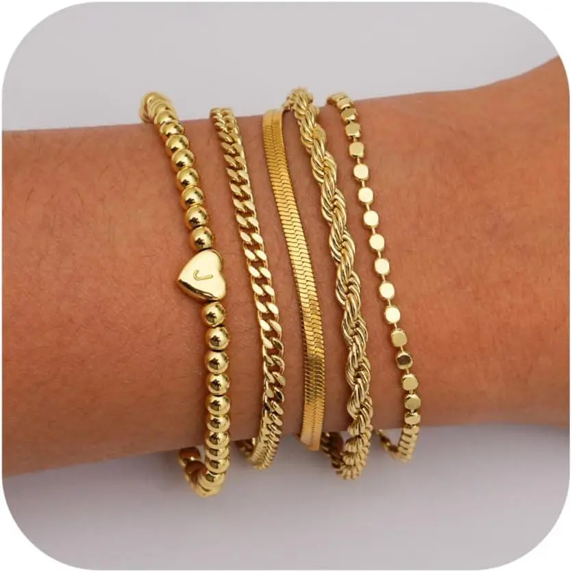 Valentines Day Gifts for Her - Gold Bracelets for Women Waterproof 14K Gold Plated Stackable Heart Link Charm Bracelets with A-Z Letter Trendy Initial Jewelry Gifts for Women Girlfriend Wife