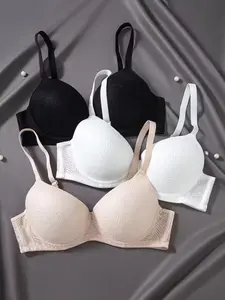 3pcs Solid Lace Underwire Push Up Bra, Sexy Comfy Women's Lingerie & Underwear