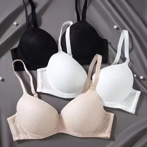 3pcs Solid Lace Underwire Push Up Bra, Sexy Comfy Women's Lingerie & Underwear