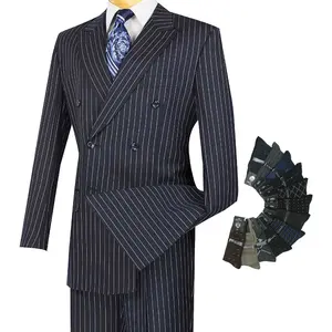 Luxurious Men's Double-Breasted Gangster Stripe Suit Navy