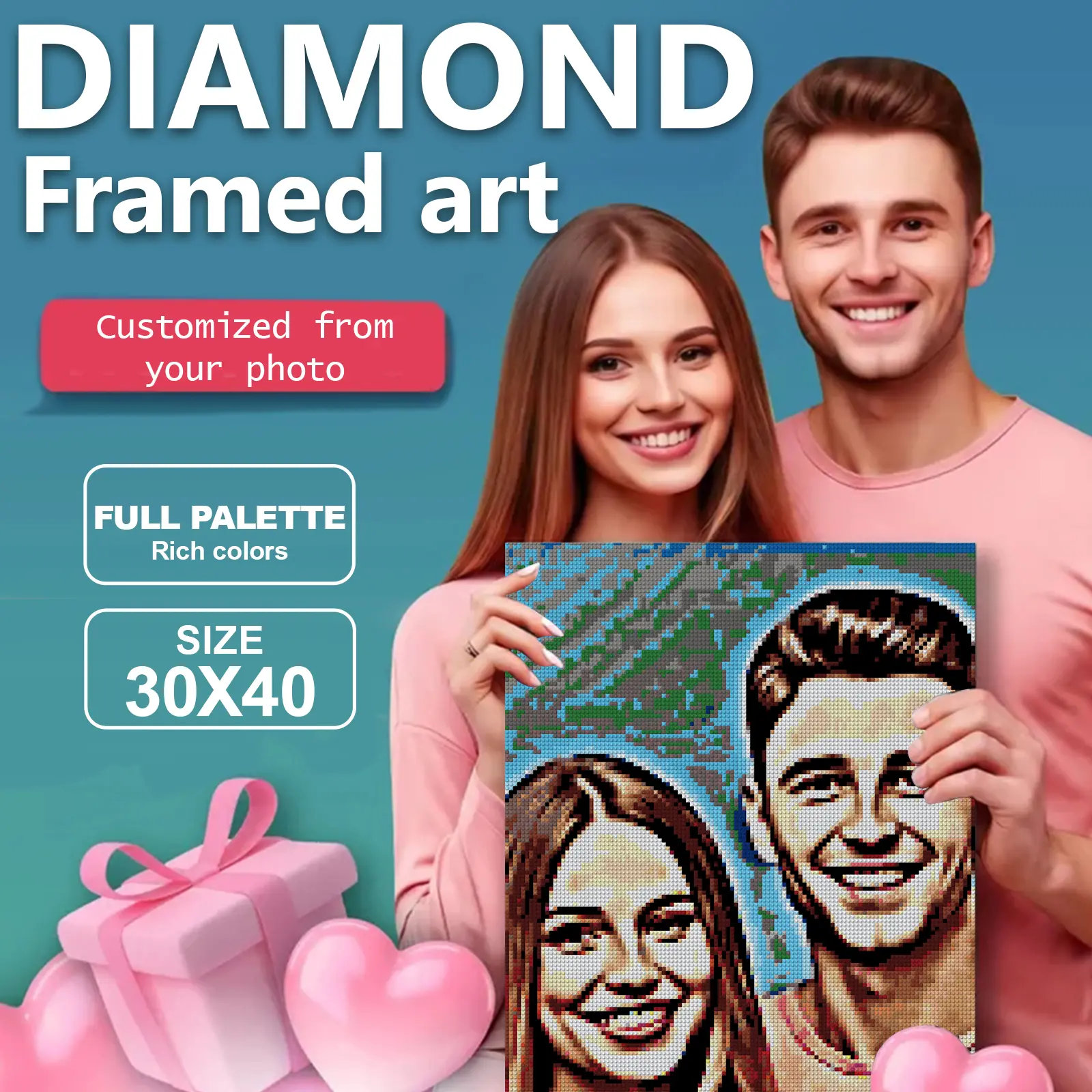 Custom Photo Diamond Painting Kit - DIY Needlework, 30×40cm Custom Couple/Pet Portrait, Rich-Tone Holiday Home Decor Gift