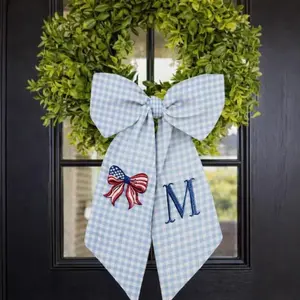 Monogram Patriotic Wreath Sash Embroidered Bow Custom Initial 4th of July Door Decor Americana Gingham Wreath Bow