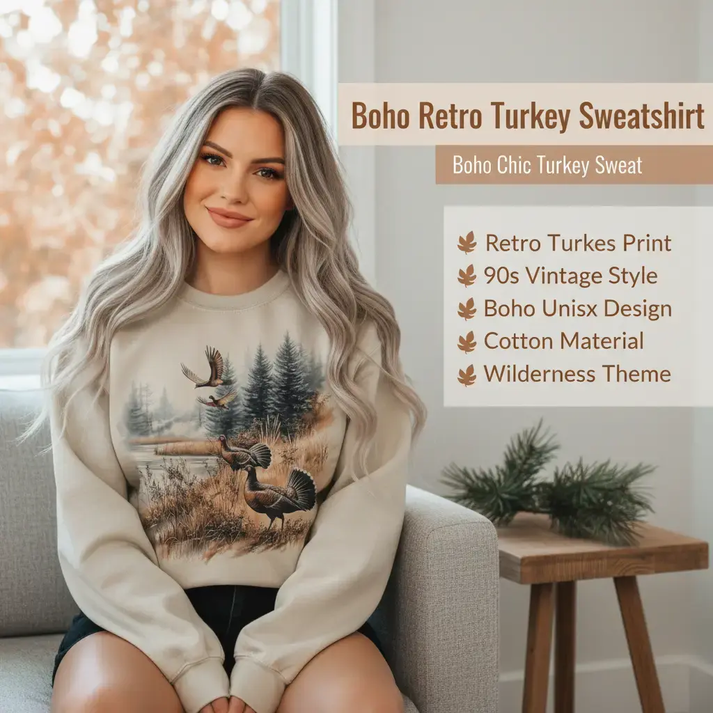 Retro Turkey Graphic Sweatshirt, Unisex 90s Vintage Boho Pullover in a Casual Cotton-Polyester Blend with Classic Fit