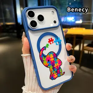 Magnetic Phone case for iPhone 17 16  Pro Max Plus 15 14 13 12 11 Air E Puzzle - Elephant Fantasy Pattern Non-Yellowing Shockproof Soft Silicone Transparent Acrylic Cover Supports Wireless Charging