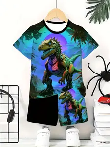 Boys' Casual Round Neck T-Shirt Set, 3D Colorful Forest Dinosaur Print, Short Pants, Comfortable Summer for Kids Under 14