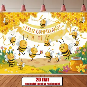 1PC,2D Flat Backdrop Cartoon Bee Theme Birthday Decoration Backdrop, Spanish "FELIZ CUMPLEAÑOS A TÍ" Birthday Party Background, Photo Decor Banner for Kids' Birthday Party, Scene Layout Curtain