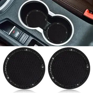 Cup Holder Coaster, 2 Pack Universal Bling  Insert (2.75" Diameter),  Rhinestone  Interior Accessories (Black with Black ).