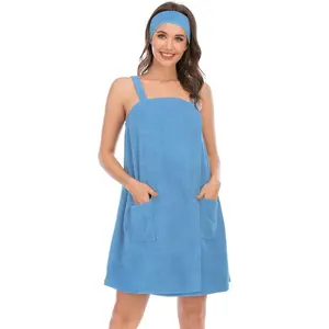 Women Bath Wrap Towel for Womens Shower with Pocket Adjustable Spa Robe & Facial Headband