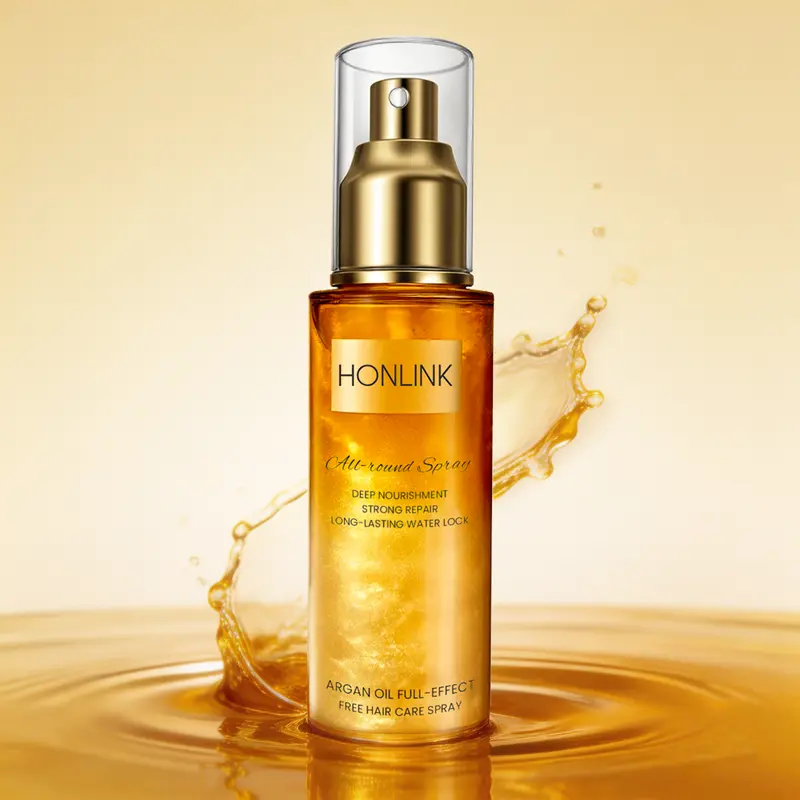 Golden Shimmer Scented Argan Oil Leave-In Hair Spray 90ml - Long-Lasting Fragrance,Unisex Heat Protectant, Nourishing Repair, Frizz & Flyaway Taming, Detangling, Glossy Radiance, Smoothing, Moisturizing, Vegan Color-Safe Haircare