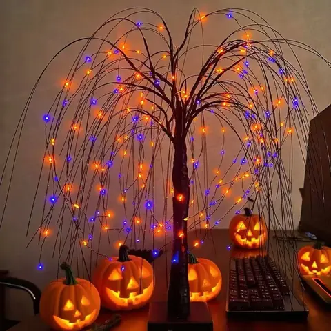 Gothic Irregular Purple & Orange LED Willow Tree Lights, USB-Battery Powered Plastic Decorative Props with Spooky Abstract Mood Glow, Halloween Decorations, House Tabletop Party Supplies