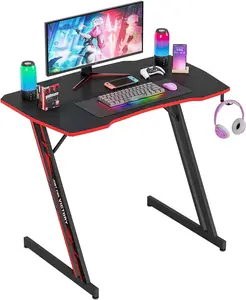 35 Inch Modern Z-Shaped Gaming Desk Computer Desk for Home Office with Headphone Hook - Sturdy Workstation Table with Spacious Desktop,Red