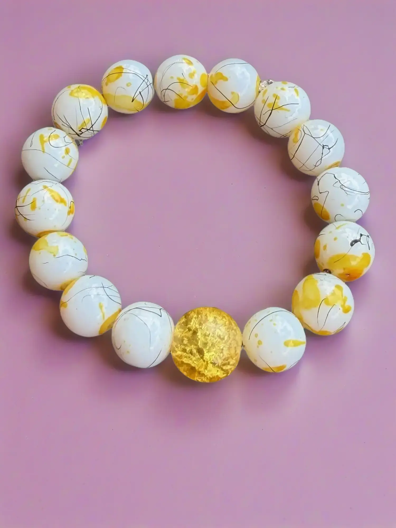 Bold Statement Bracelet with Yellow & Black Scribble Glass Beads, 7.5-Inch Comfort Stretch Cord for Everyday Wear, Statement Pieces