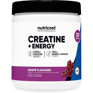 Nutricost Creatine + Energy 30 Servings (Grape Flavored) - 5,000mg Creatine Monohydrate + 350mg Energy Complex Per Serving
