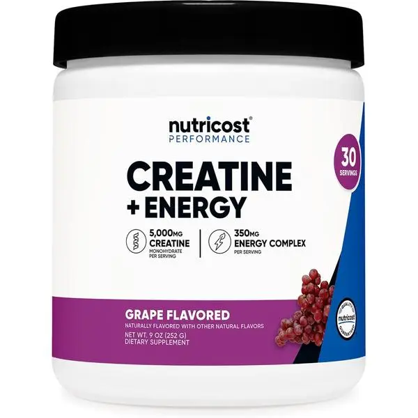Nutricost Creatine + Energy 30 Servings (Grape Flavored) - 5,000mg Creatine Monohydrate + 350mg Energy Complex Per Serving