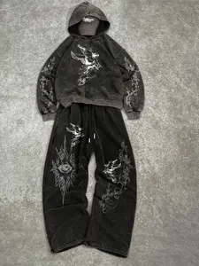Men's Retro Distressed Grey Two-Piece Sweatsuit with Gothic Angel Print | Loose Fit Heavyweight Fleece Hoodie & Baggy Joggers | Comfortable Grunge Style Outfit for Daily Casual & Clubbing