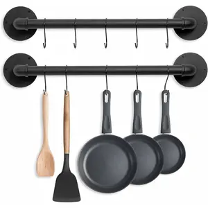 Set of 2 Wall Mounted Pot Pan Rack, 21" Detachable Iron Industrial Pipe Hanging Rail with 10 S Hooks, Kitchen Utensil Holder Pots Storage Organizer