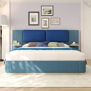 ARCH King Size Upholstered Platform Bed Frame with Panel, Anti-Collision Soft Rounded Corners, Stable Solid Structure, No Box Spring Required, Easy Assembly, Blue, King Size Bed Frame