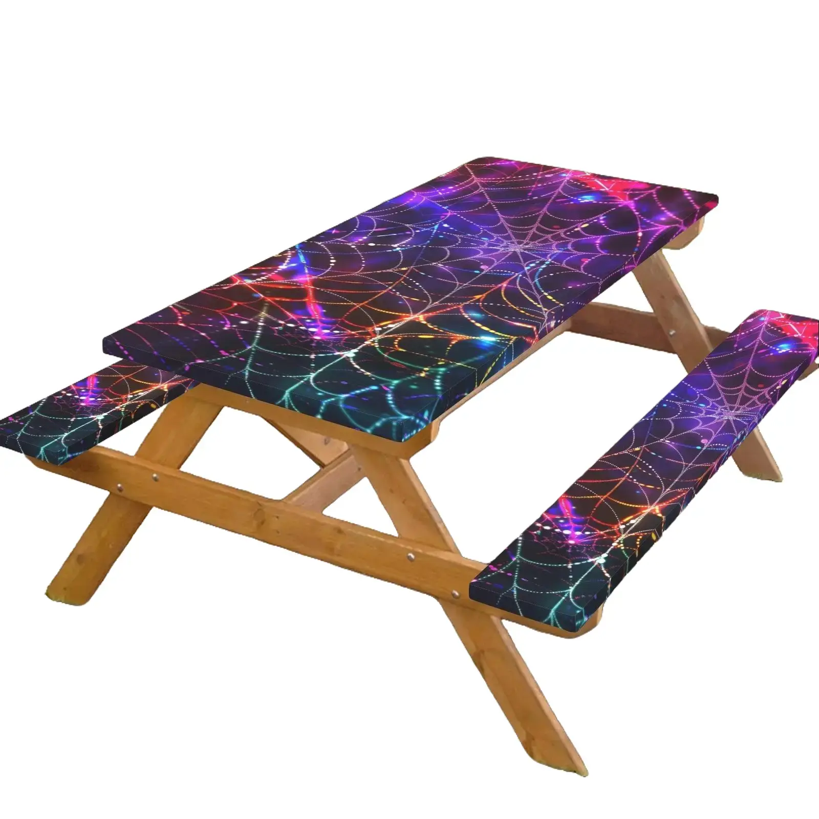 72x30 in Halloween Aesthetic Modern Rectangle Stretch Fitted Picnic Tablecloth & Bench Cover Set - Waterproof, Heavy-Duty, Slip-Resistant, Easy-Clean Outdoor Fit Protector for Backyard, BBQ