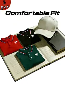 Men's Polo Shirt Set, Casual Fashion Home Wear, Business Style, Solid Color Short Sleeve Horse Print, Summer New, Breathable Daily/golf Shirts