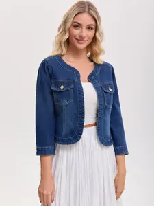 INSPIRE CHIC Women's Denim Jacket Collarless Cardigan 3/4 Sleeve Jean Jackets