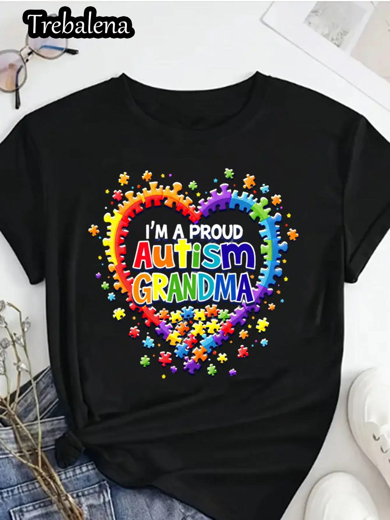 Plus Size - Plus Size Women'S T-Shirt Proud Autism Grandma Puzzle Heart Graphic Tee For Support And Awareness Casual Summer Wear For Women Regular Length, Pullover Design, Fabric Construction 0XL-4XL