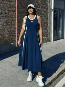 Women's Sleeveless Long Dress, Womenswear, Casual Sporty Style, Waist Cinched Flared Hem, Perfect for Daily Wear, Light Weight Sports, City Strolls, Everyday