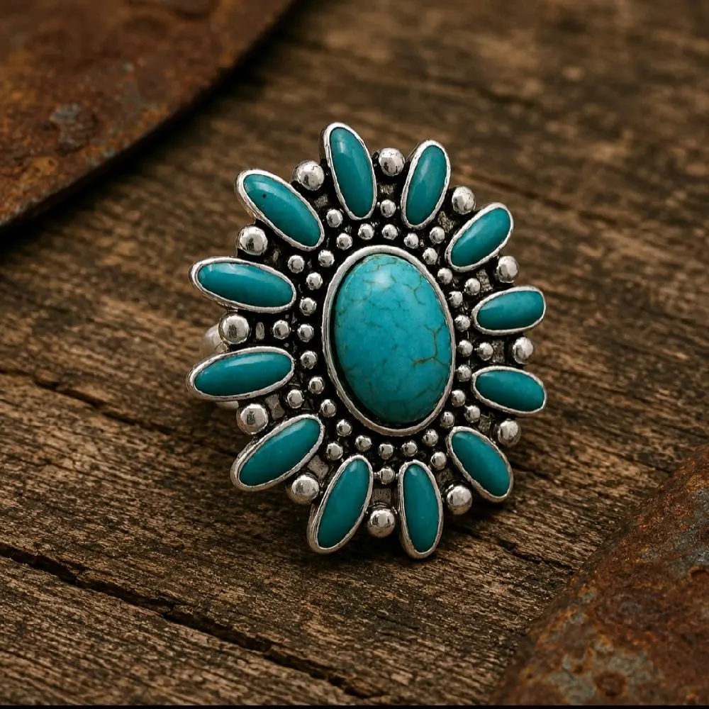 Turquoise Flower Large Stretch Western Ring