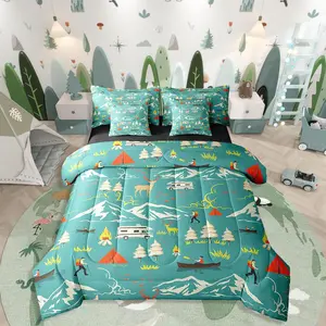 Kids Camping 7 Piece Comforter Set,Bed in a Bag,Farmhouse Camper Car Bedding Set,Deer Wild Animals Bed Sheets,,Mountain Adventure Sheet Set
