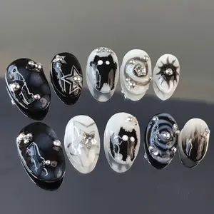 jasonj.nail Black Silver Star Press-On Nails, Glossy Dark Marble with Metallic Studs & Abstract Swirl Art, Edgy Minimal Aesthetic, Night Glam Nail Design, Custom Handmade Set